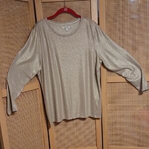 Chicos Gold Foil Shimmer Long Sleeve Pullover Round Neck Shirt